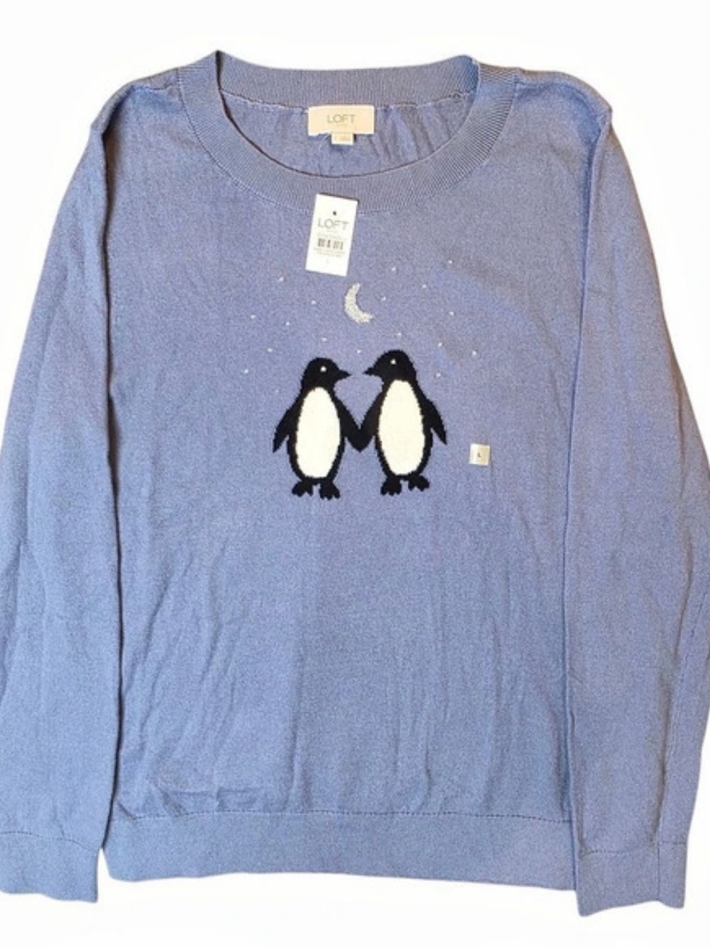 LOFT Periwinkle Blue Penguin & Moon Crewneck Sweater Large Preppy Knit Classic